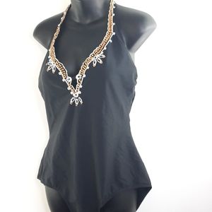 Plus size 16 Fantasized Black Brown  beefed cream Embroidered one piece suite